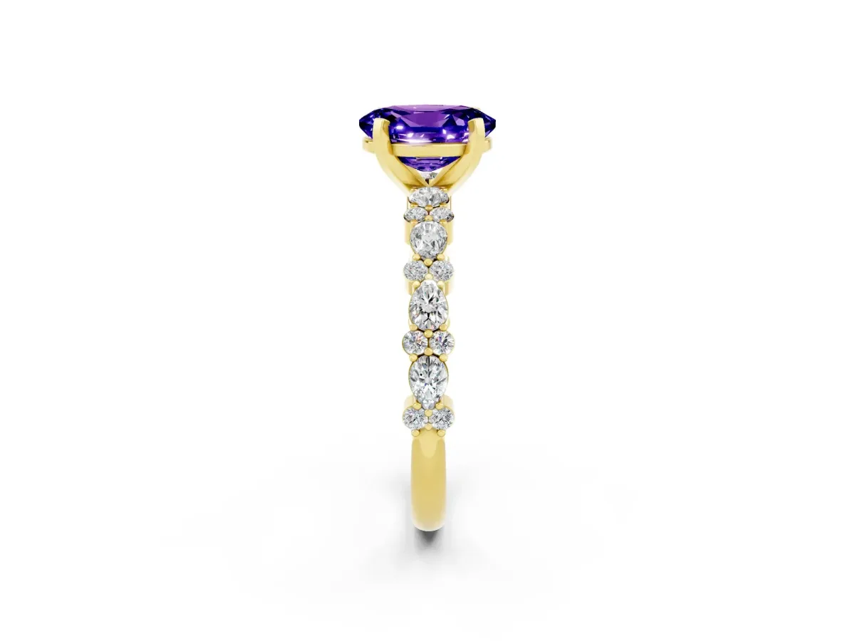 Oval Cut Tanzanite Side Stone Solitaire Ring with Round and Four-Prong Setting Yellow gold