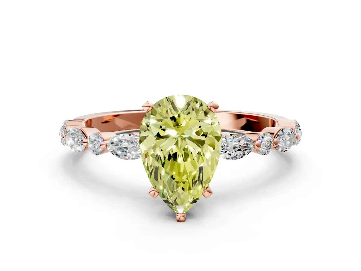 Fancy Yellow Pear Cut Diamond Ring with Marquise and Round Side Stones and Four-Prong Setting Rose gold