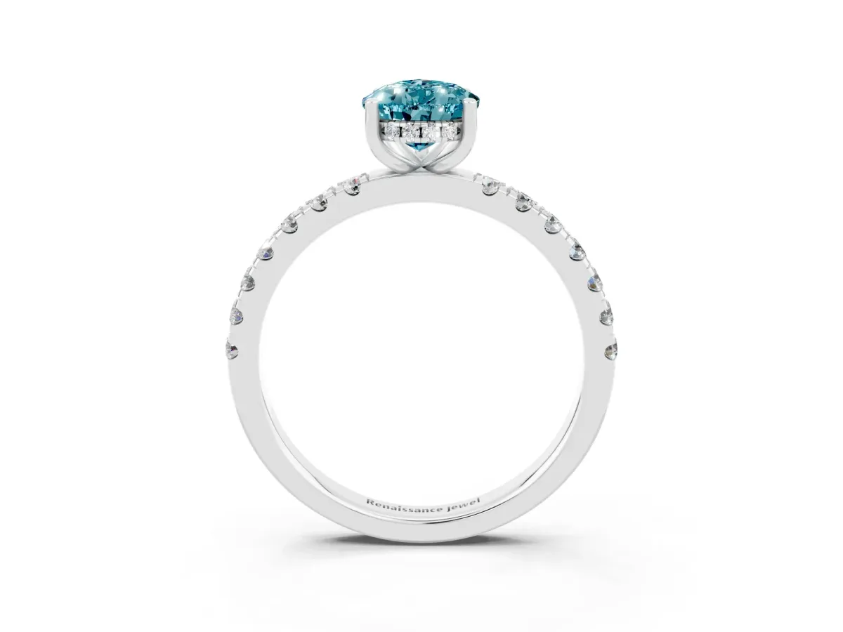 Pear Cut Blue Topaz Pave Band Solitaire Ring with Round and Prong Setting White gold