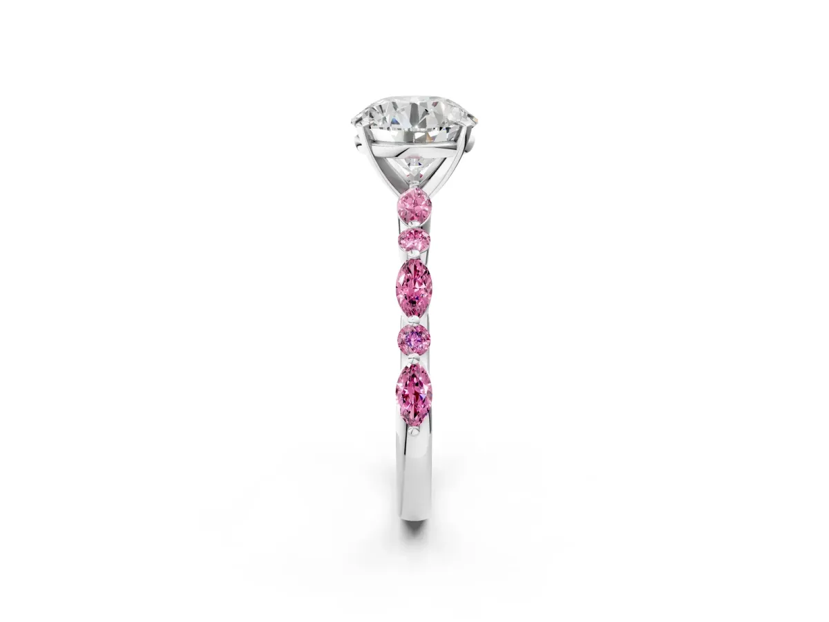 Round Cut Diamond Ring with Marquise and Round Pink Sapphire Side Stones and Four-Prong Setting Silver