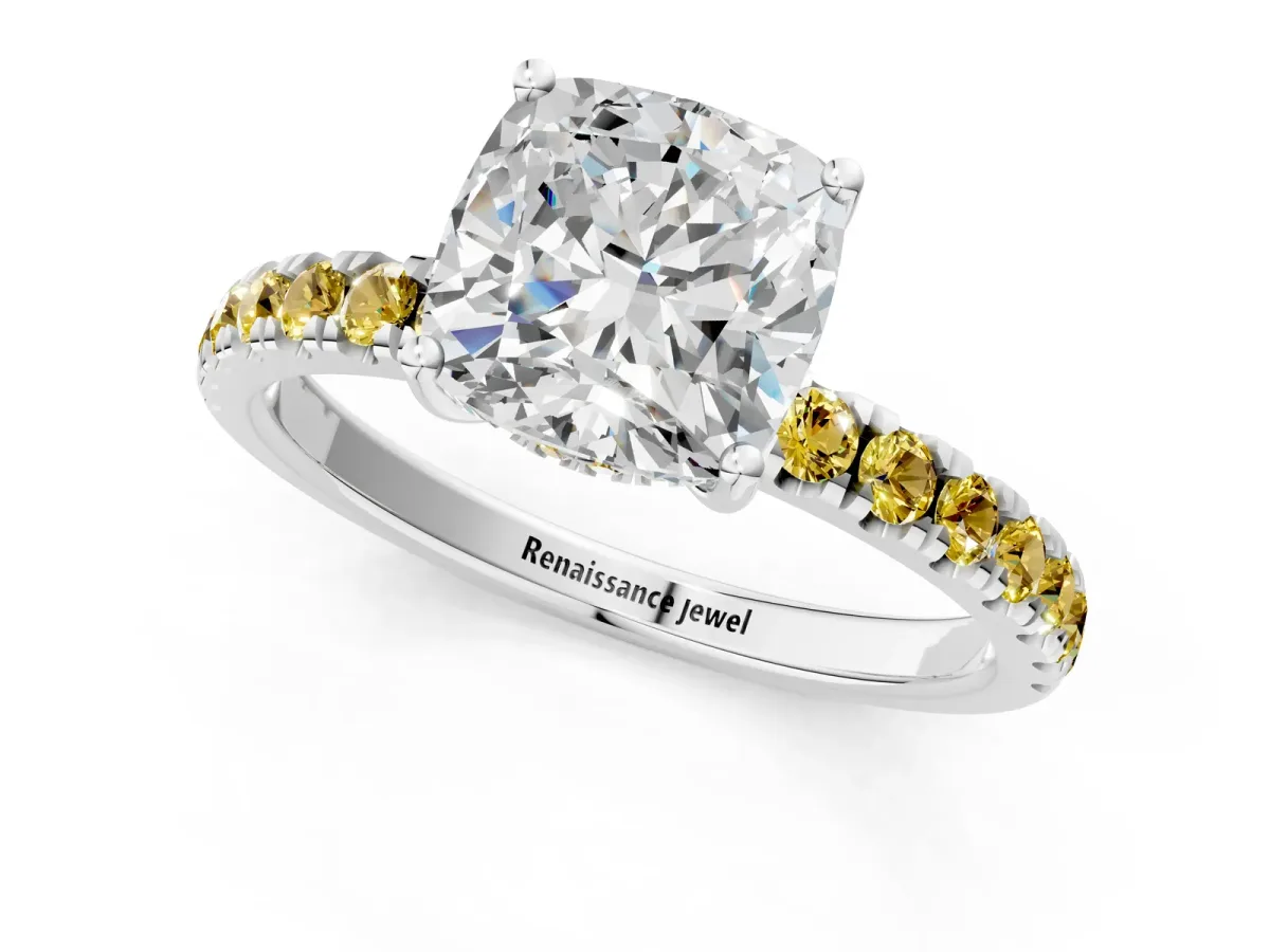 Cushion Cut Diamond Pave Band Solitaire Ring with Round Yellow Sapphire and Prong Setting Silver