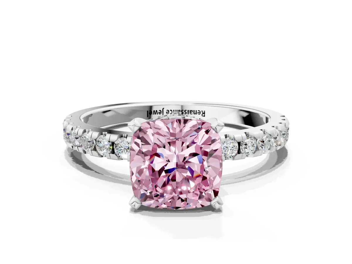 Fancy Pink Cushion Cut Diamond Solitaire Ring with Round Pavé Band and Four-Prong Setting Platinum
