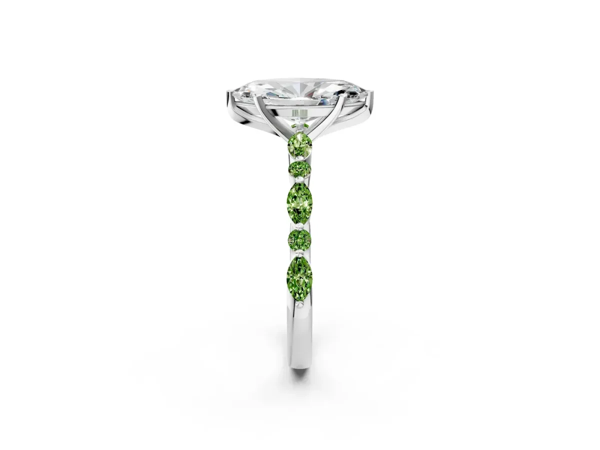 Marquise Cut Diamond Ring with Marquise and Round Peridot Side Stones and Four-Prong Setting Silver