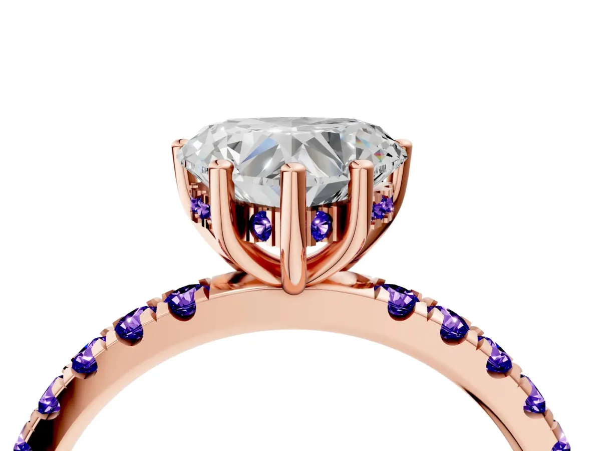 Heart Cut Diamond Pave Band Solitaire Ring with Round Tanzanite and Prong Setting Rose gold