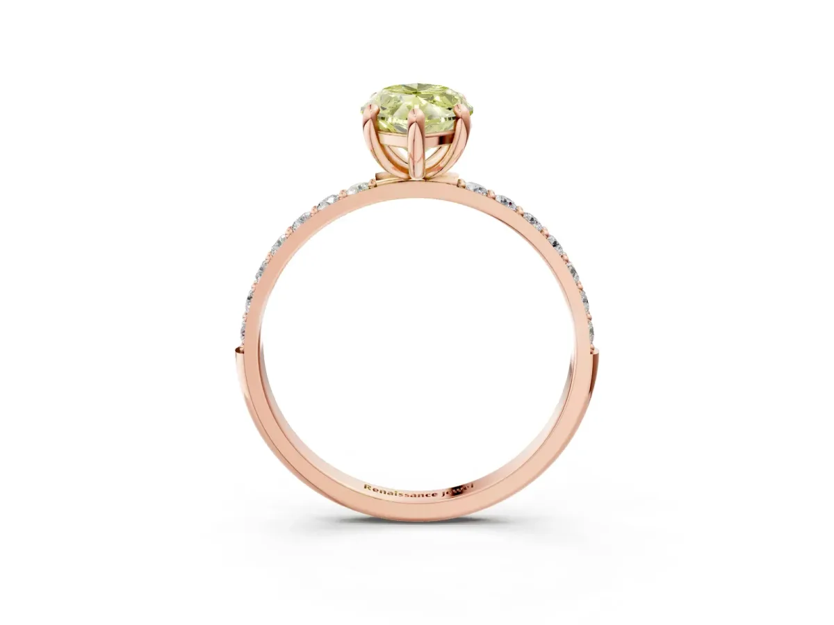 Fancy Yellow Marquise Cut Diamond Solitaire Ring with Round Pavé Band and Prong Setting Rose gold