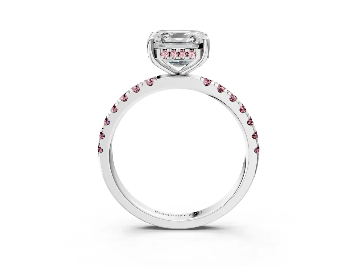 Asscher Cut Diamond Pave Band Solitaire Ring with Round Morganite and Prong Setting Silver