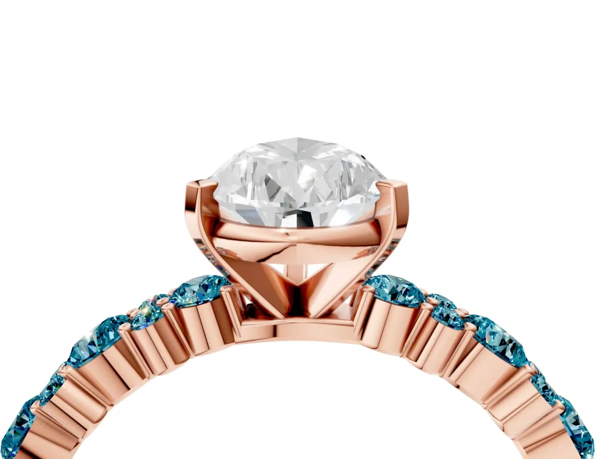 Pear Cut Diamond Side Stone Solitaire Ring with Round Blue Topaz and Four-Prong Setting Rose gold