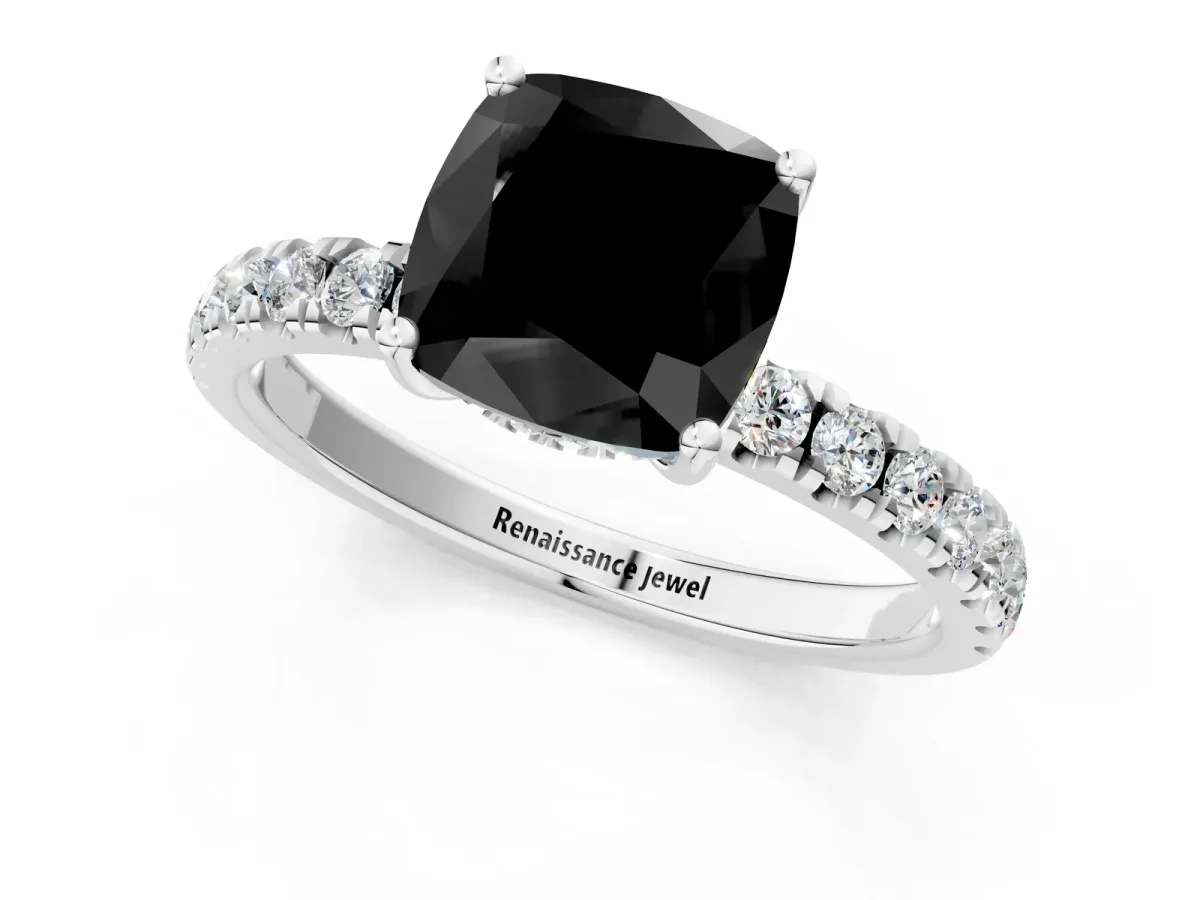 Fancy Black Cushion Cut Diamond Pave Band Solitaire Ring with Round and Prong Setting Silver