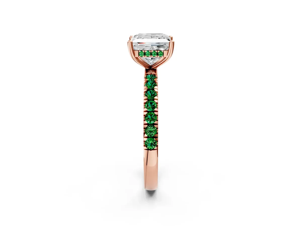Princess Cut Diamond Pave Band Solitaire Ring with Round Emerald and Prong Setting Rose gold