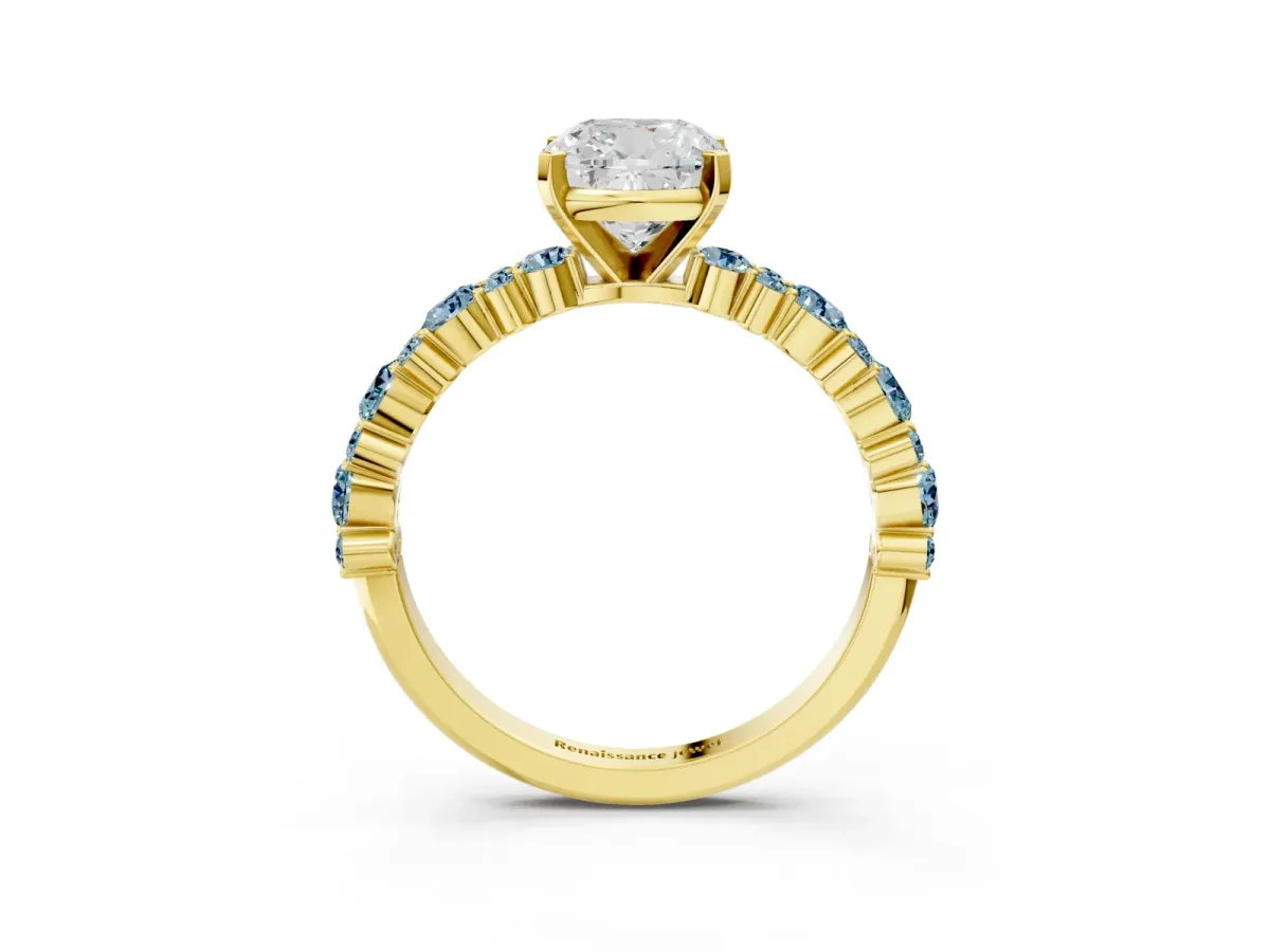 Cushion Cut Diamond Side Stone Solitaire Ring with Round Aquamarine and Four-Prong Setting Yellow gold