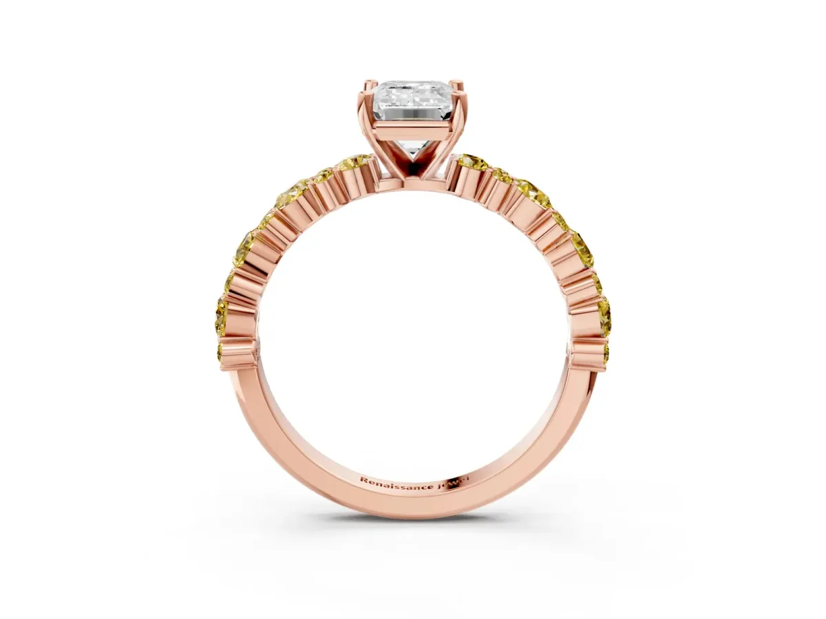 Emerald Cut Diamond Side Stone Solitaire Ring with Round Yellow Sapphire and Four-Prong Setting Rose gold