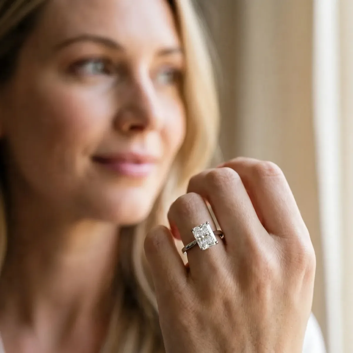 Radiant Cut Diamond Solitaire Engagement Ring with Classic Band and Four-Prong Setting Platinum