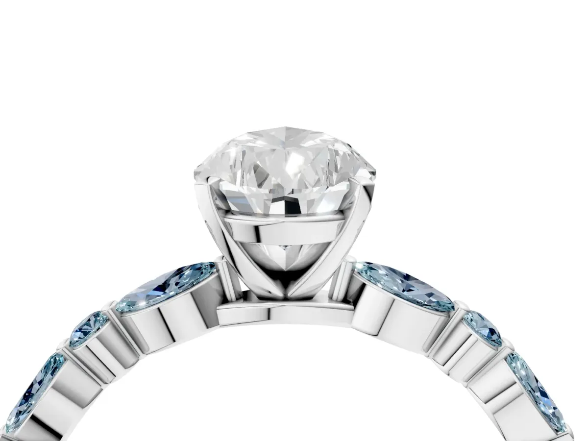 Pear Cut Diamond Ring with Marquise and Round Aquamarine Side Stones and Four-Prong Setting Silver