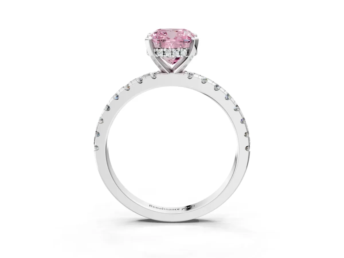 Fancy Pink Cushion Cut Diamond Solitaire Ring with Round Pavé Band and Four-Prong Setting Platinum
