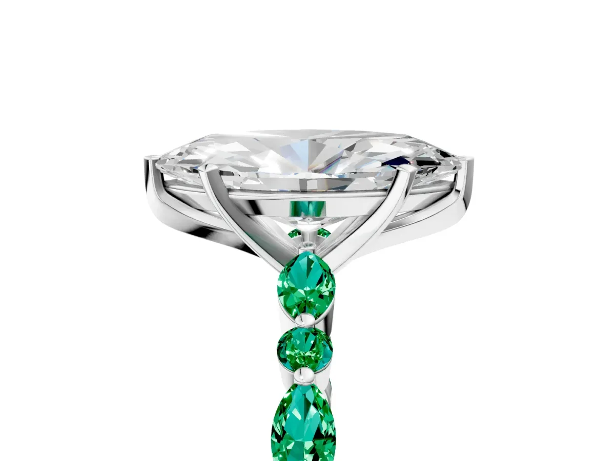 Marquise Cut Diamond Ring with Marquise and Round Emerald Side Stones and Four-Prong Setting Silver