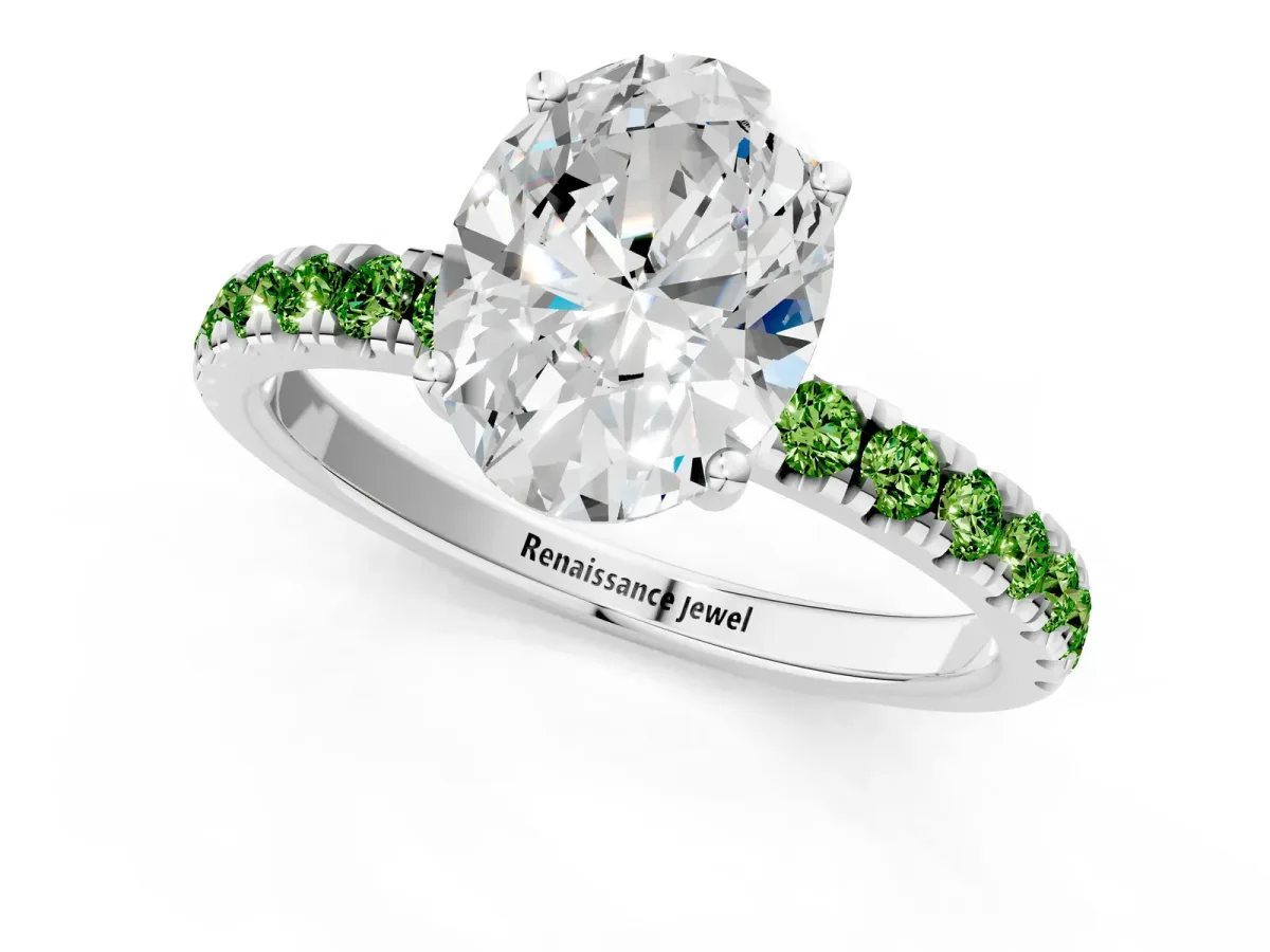 Oval Cut Diamond Pave Band Solitaire Ring with Round Peridot and Prong Setting Platinum