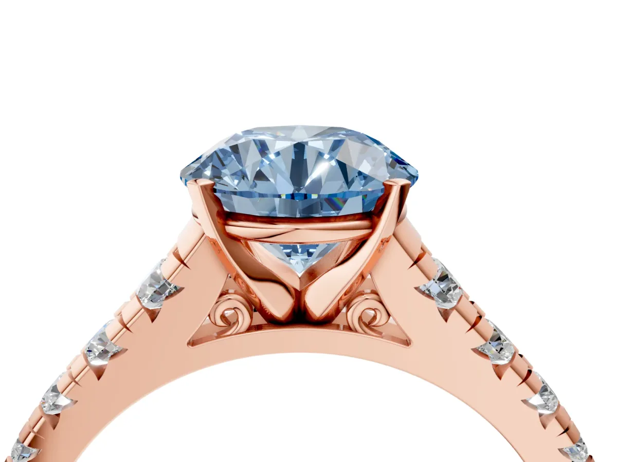 Fancy Blue Round Cut Diamond Cathedral Solitaire Ring with Round Pavé Band Rose gold