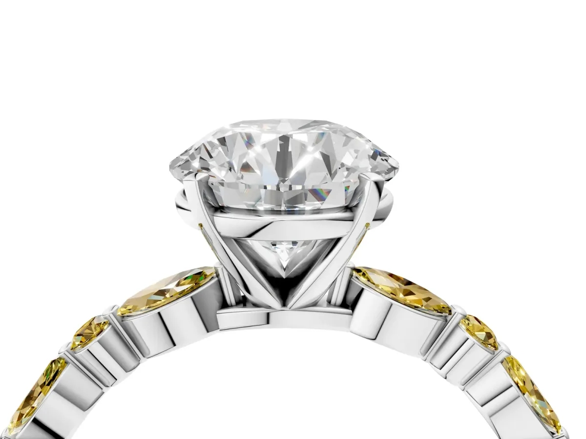 Round Cut Diamond Ring with Marquise and Round Yellow Sapphire Side Stones and Four-Prong Setting Silver