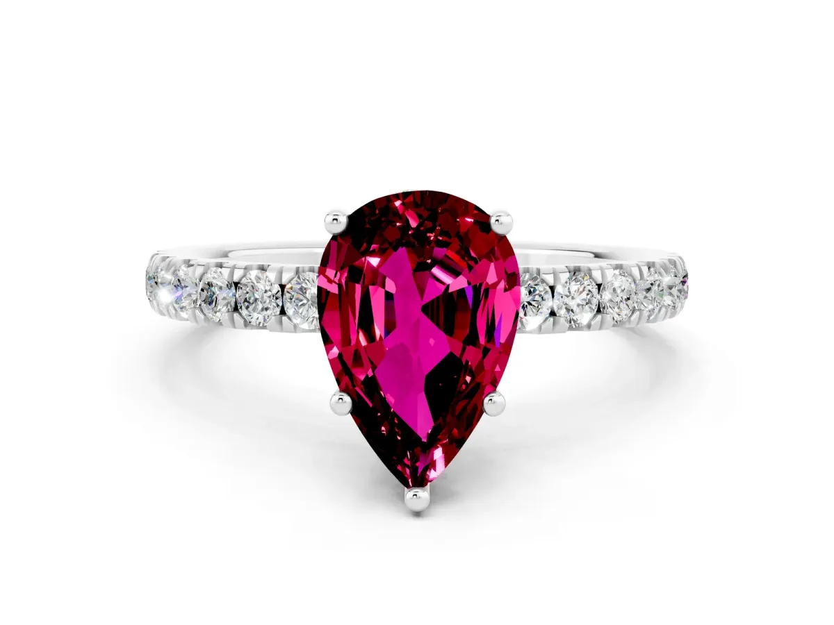 Pear Cut Garnet Pave Band Solitaire Ring with Round and Prong Setting White gold