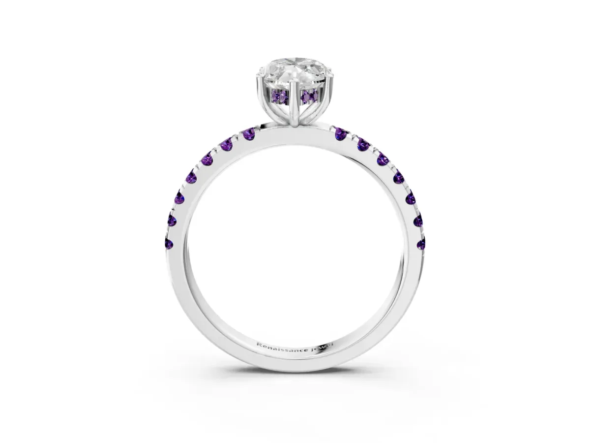 Marquise Cut Diamond Pave Band Solitaire Ring with Round Amethyst and Prong Setting Platinum