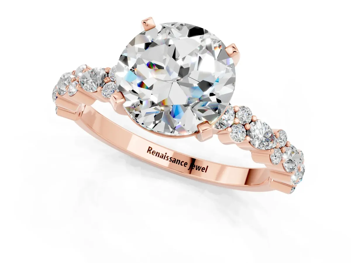 Round Cut Moissanite Side Stone Solitaire Ring with Round and Four-Prong Setting Rose gold