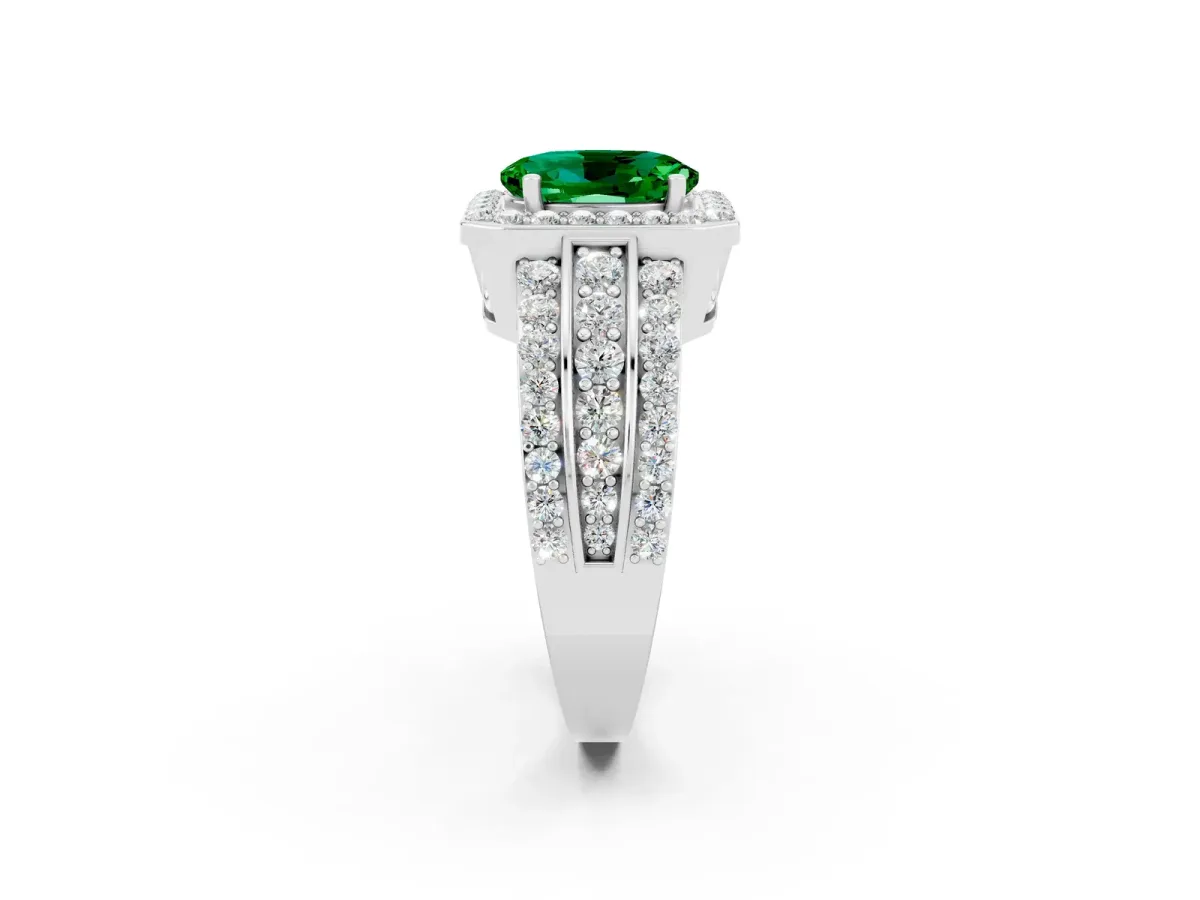 Oval Cut Halo Emerald Ring with Round Split Shank and Prong Setting Platinum