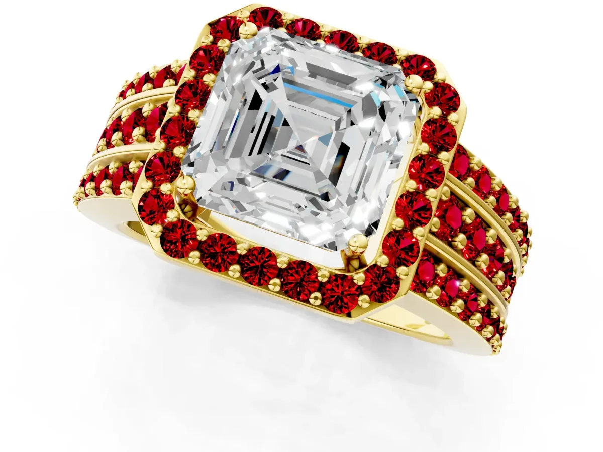 Asscher Cut Halo Diamond Ring with Round Ruby Split Shank and Prong Setting Yellow gold