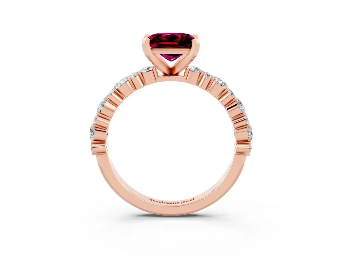 Princess Cut Garnet Side Stone Solitaire Ring with Round and Four-Prong Setting Rose gold