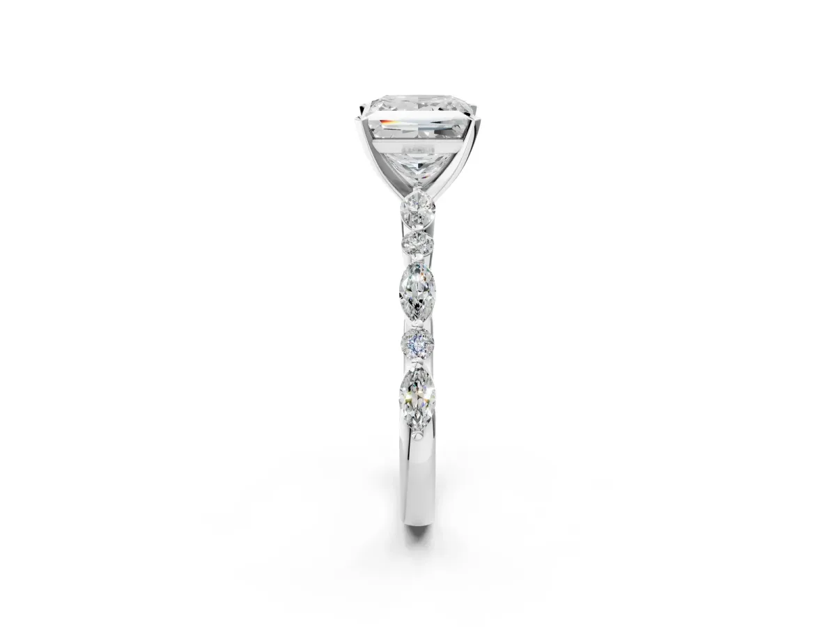 Princess Cut Diamond Ring with Marquise and Round Side Stones and Four-Prong Setting Silver