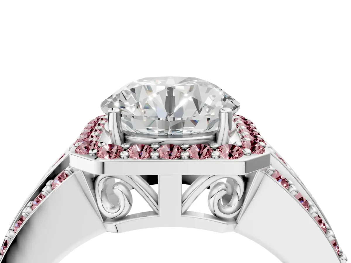 Round Cut Halo Diamond Ring with Round Morganite Split Shank and Prong Setting White gold