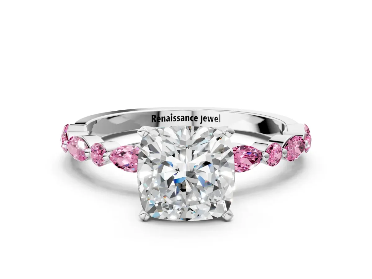 Cushion Cut Diamond Ring with Marquise and Round Pink Sapphire Side Stones and Four-Prong Setting Silver