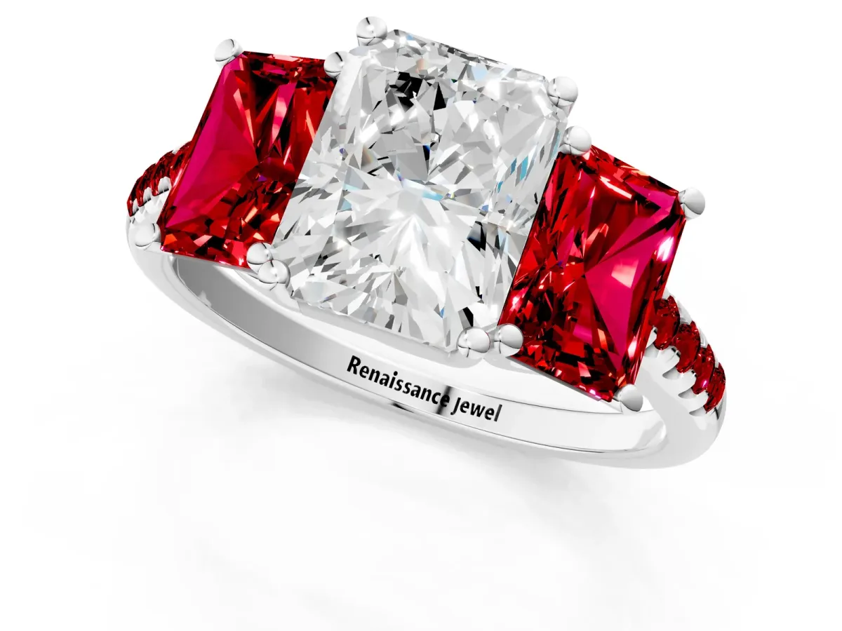 Three-Stone Radiant Cut Diamond Ring with Round Ruby Pavé Band and Prong Setting Platinum