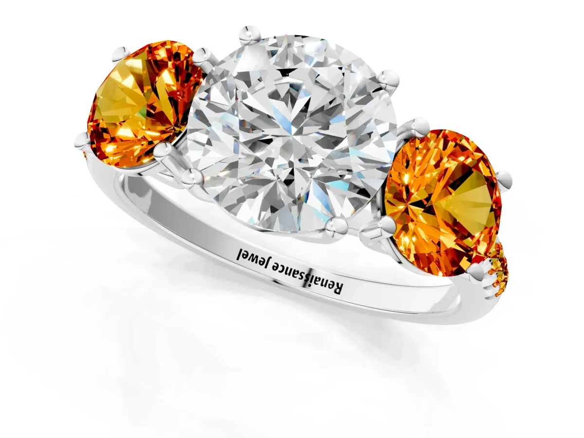 Three-Stone Round Cut Diamond Ring with Round Citrine Pavé Band and Prong Setting White gold