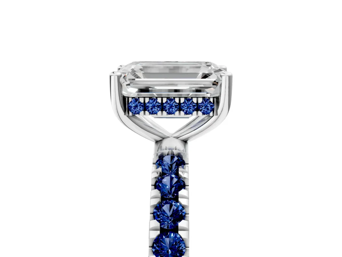 Emerald Cut Diamond Pave Band Solitaire Ring with Round Blue Sapphire and Prong Setting White gold