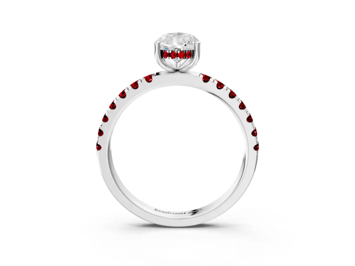 Pear Cut Diamond Pave Band Solitaire Ring with Round Ruby and Prong Setting Platinum