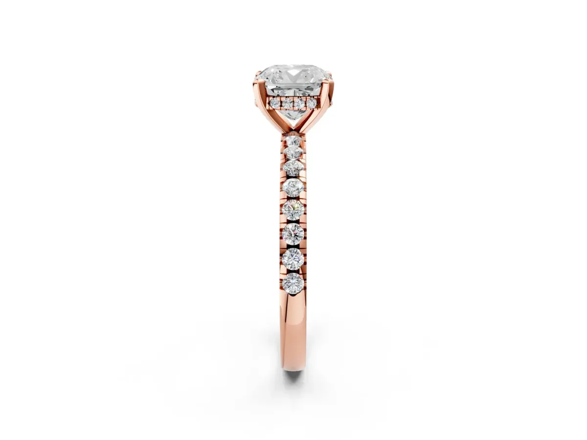 Cushion Cut Diamond Solitaire Ring with Round Pavé Band and Four-Prong Setting Rose gold