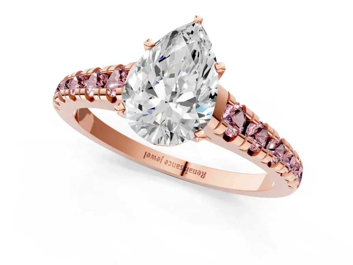 Pear Cut Diamond Cathedral Solitaire Ring with Round Morganite Pavé Band Rose gold