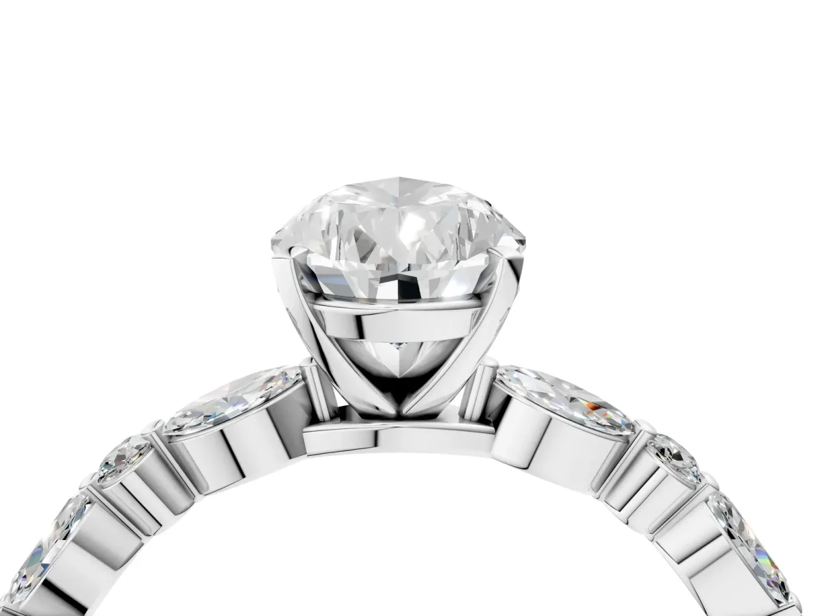 Pear Cut Diamond Ring with Marquise and Round Side Stones and Four-Prong Setting White gold