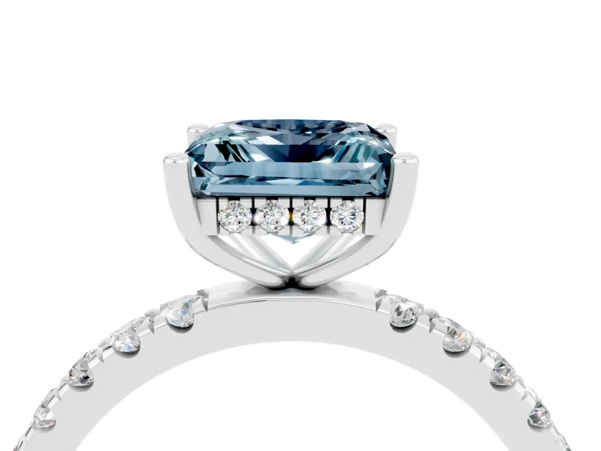Princess Cut Aquamarine Pave Band Solitaire Ring with Round and Prong Setting Platinum