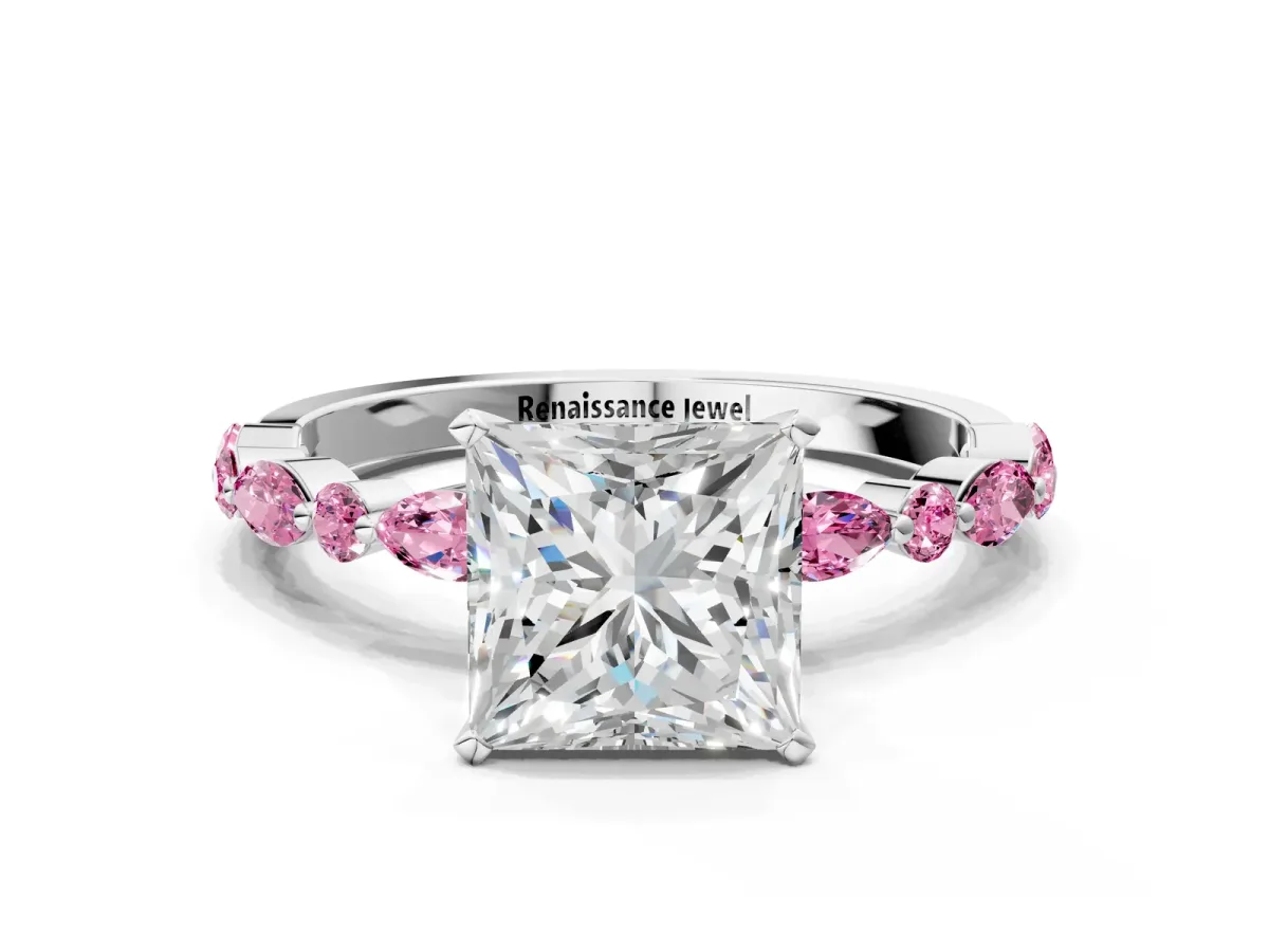 Princess Cut Diamond Ring with Marquise and Round Pink Sapphire Side Stones and Four-Prong Setting Silver