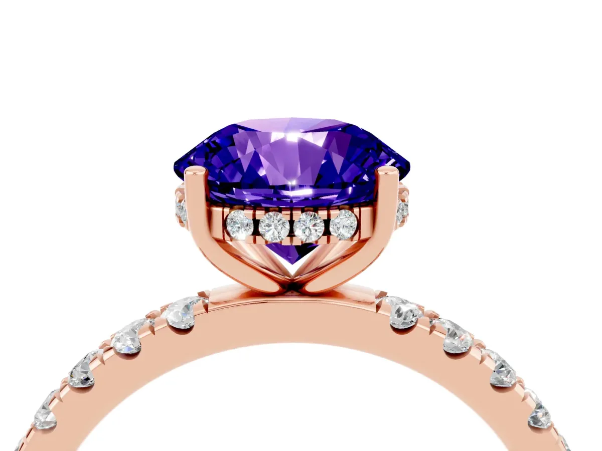 Round Cut Tanzanite Pave Band Solitaire Ring with Round and Prong Setting Rose gold