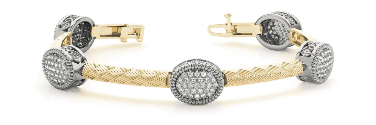 Pavé Round Stone Woven Band Bracelet with Bezel Setting Yellow gold