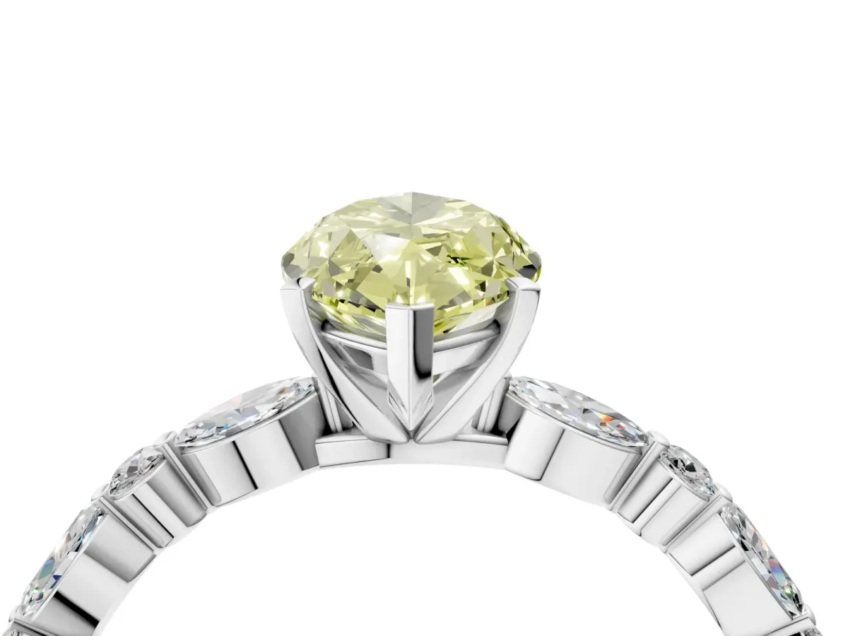 Fancy Yellow Marquise Cut Diamond Ring with Marquise and Round Side Stones and Four-Prong Setting Silver