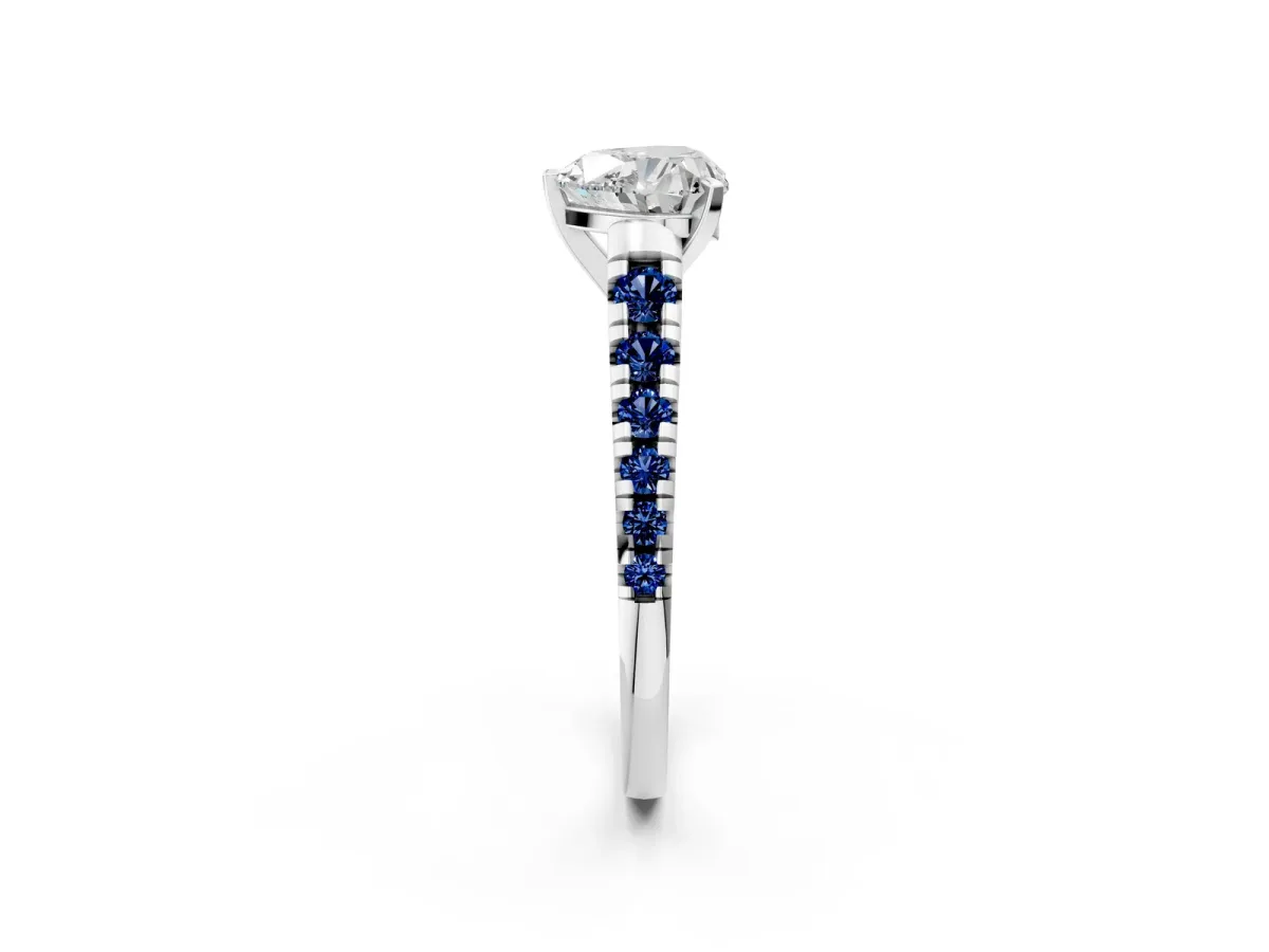 Heart Cut Diamond Cathedral Solitaire Ring with Round Blue Sapphire Pavé Band Platinum