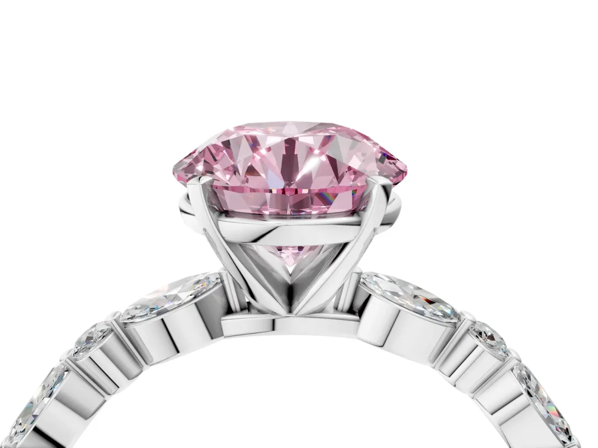 Fancy Pink Round Cut Diamond Ring with Marquise and Round Side Stones and Four-Prong Setting Platinum