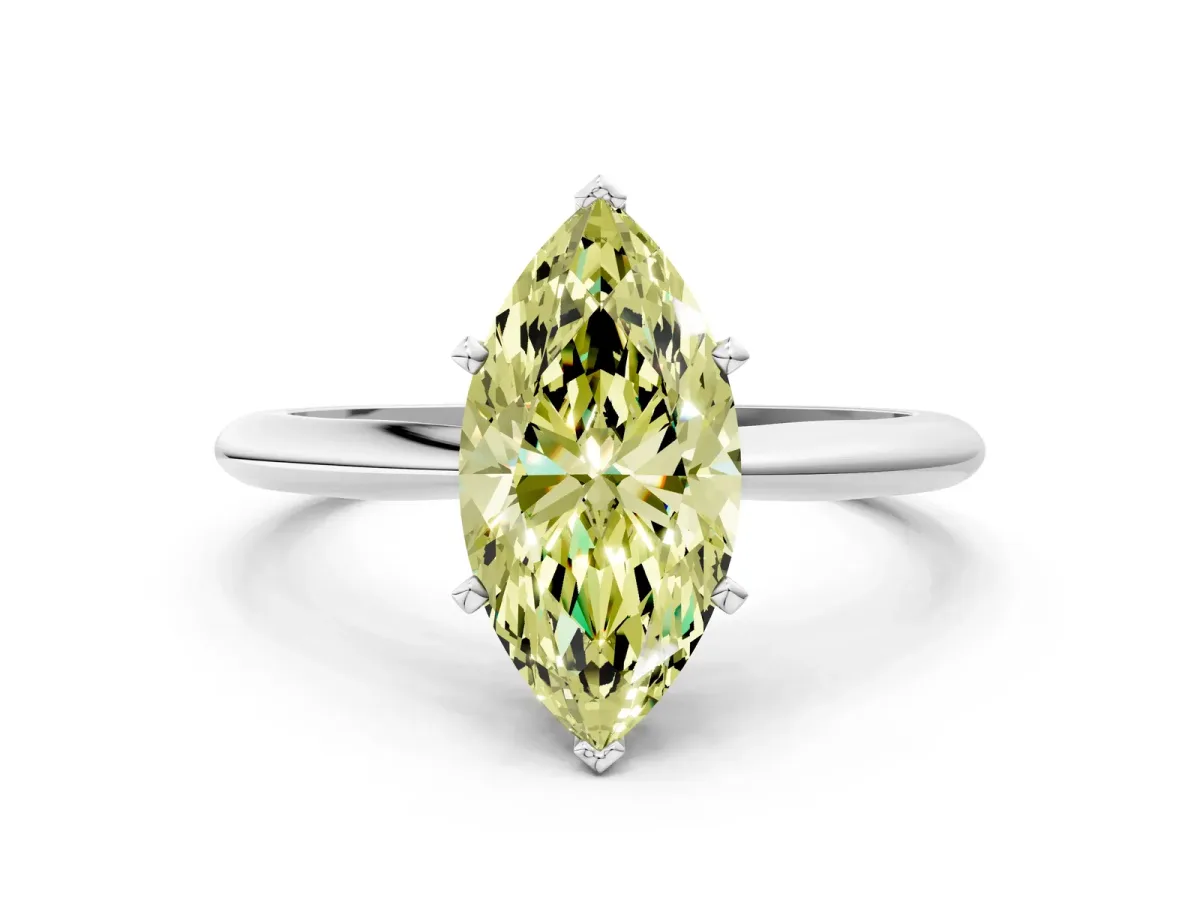 Fancy Yellow Marquise Cut Diamond Solitaire Engagement Ring with Classic Band and Four-Prong Setting Silver