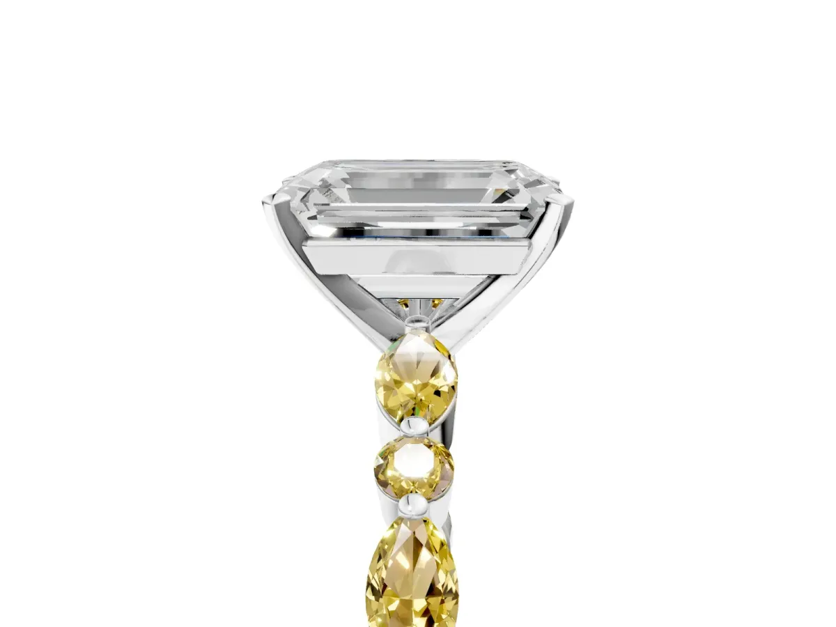 Emerald Cut Diamond Ring with Marquise and Round Yellow Sapphire Side Stones and Four-Prong Setting Silver