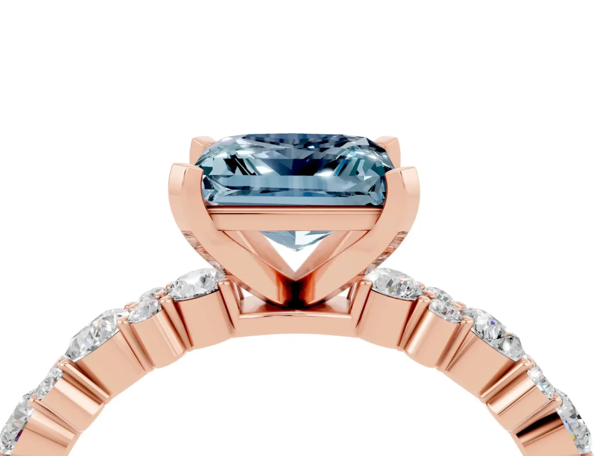 Princess Cut Aquamarine Side Stone Solitaire Ring with Round and Four-Prong Setting Rose gold