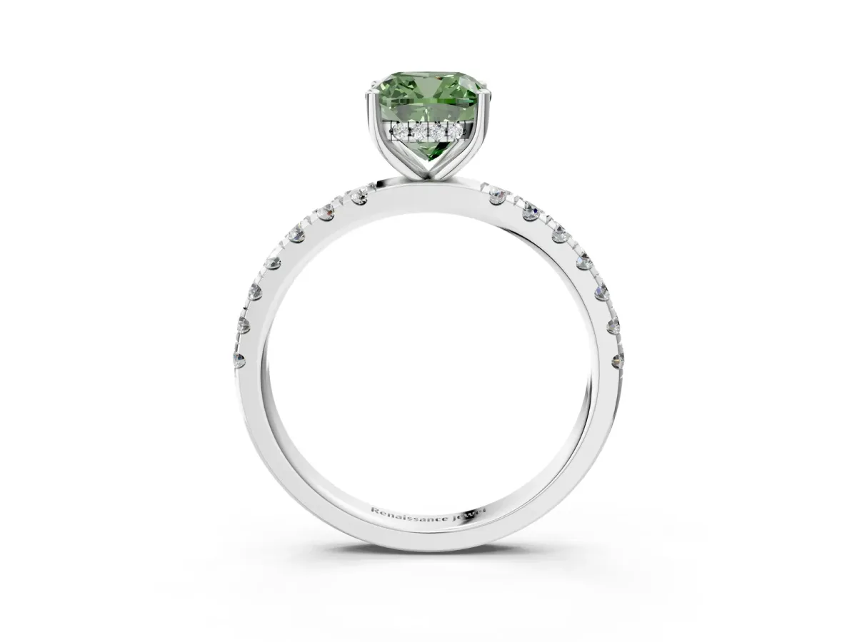 Fancy Green Cushion Cut Diamond Pave Band Solitaire Ring with Round and Prong Setting Platinum
