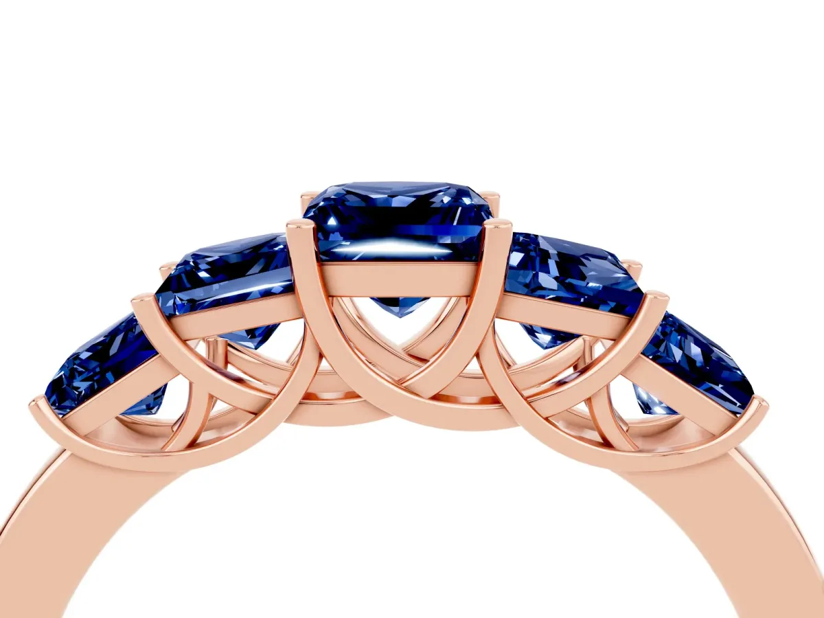 Princess Cut Five-Stone Blue Sapphire Ring with Classic Prong Setting Rose gold